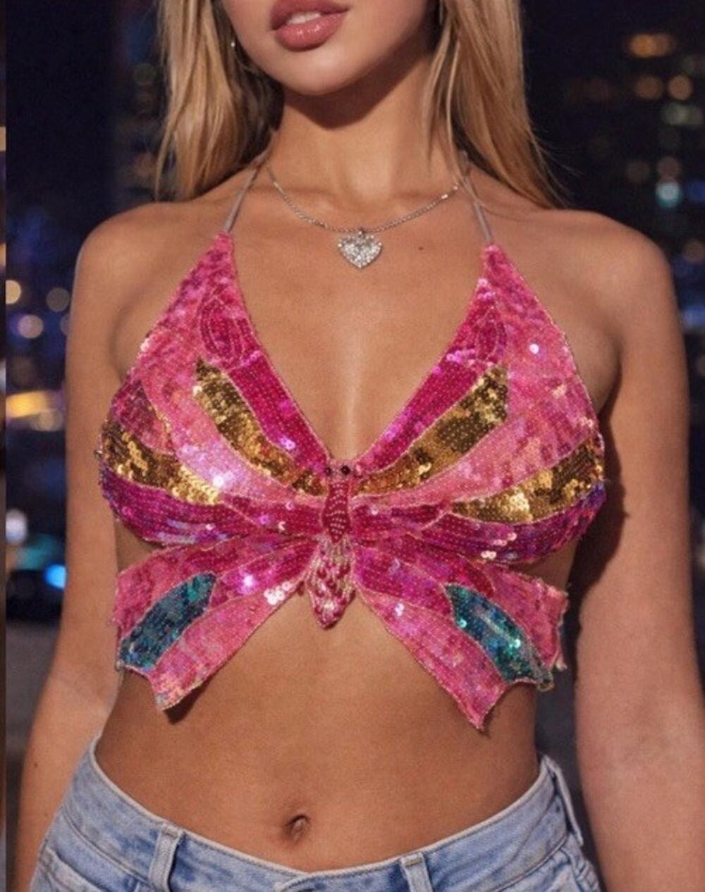 Vintage Y2K Sequin Butterfly Sexy Strappy Backless Festival Clubbing Crop Top OS